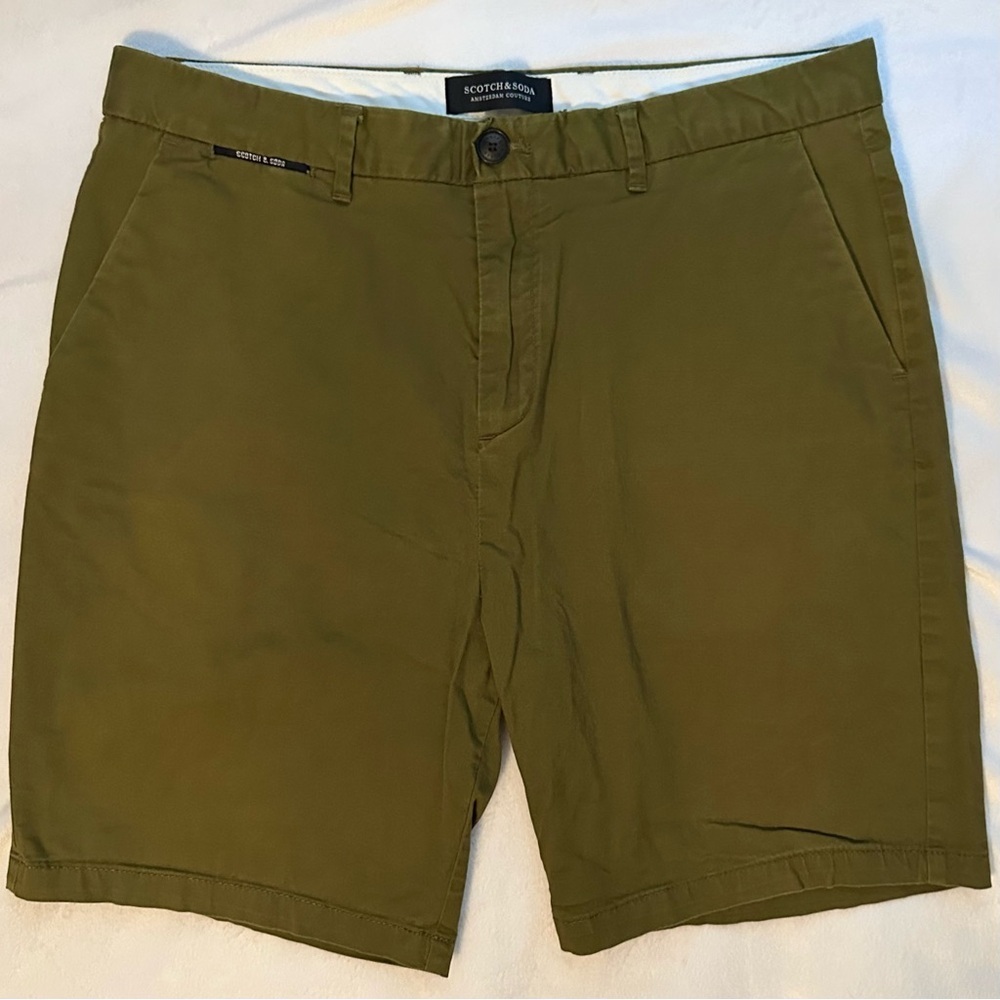 SCOTCH & SODA Men 7” Chino Shorts W31 Olive Green Pockets Logo Casual